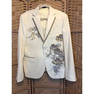Blu Martini Collection Slim Fit White Blazer Gold Silver Embroidery, Size 42R